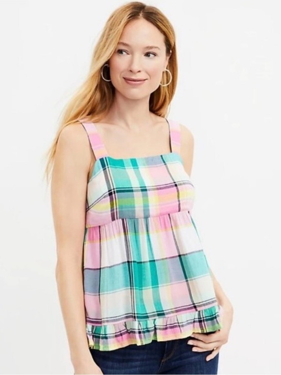 LOFT Tops - LOFT Pastel Pink & Teal Plaid Peplum Cami